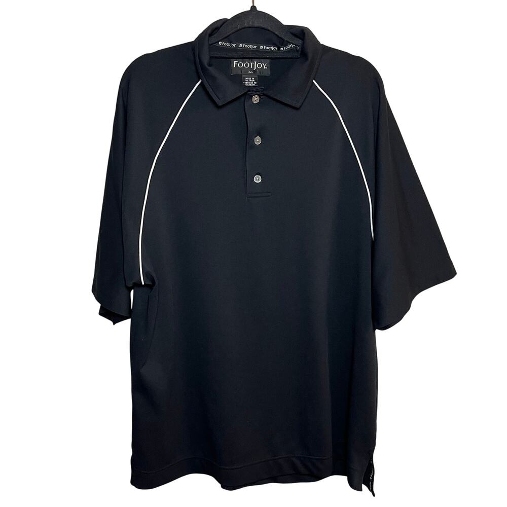 Footjoy Mens Golf Polo Shirt Black White Sz Medium Short Sleeve Outdoor Stretch